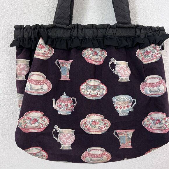 Vintage Ladies Large Black Tote Teacups print Lined Hinged‎ Metal Closure Ruffle - Picture 3 of 11